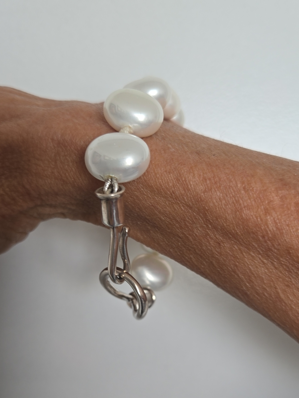 Sterling Silver, "Pop On" Pearl Bracelet